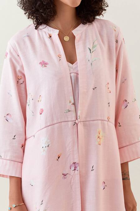 Buy Anantaa By Roohi Pink Cotton Embroidery Bandeau Neck, Botanical Pattern Jacket Pant Set Buy_Anantaa By Roohi_Pink Cotton Embroidery Bandeau Neck, Botanical Pattern Jacket Pant Set
