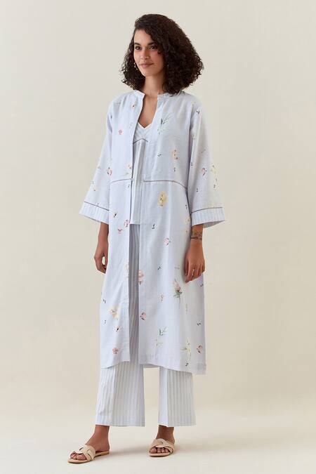 Shop_Anantaa By Roohi_Purple , Satin Embroidery Printed Front-open Jacket Pant Set _Online_at_Aza_Fashions