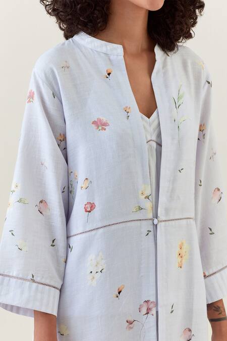 Anantaa By Roohi_Purple , Satin Embroidery Printed Front-open Jacket Pant Set _at_Aza_Fashions