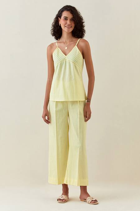 Shop Anantaa By Roohi Yellow Cotton Embroidery V-neck Printed Jacket Pant Set Online at Aza Fashions Shop_Anantaa By Roohi_Yellow Cotton Embroidery V-neck Printed Jacket Pant Set _Online_at_Aza_Fashions