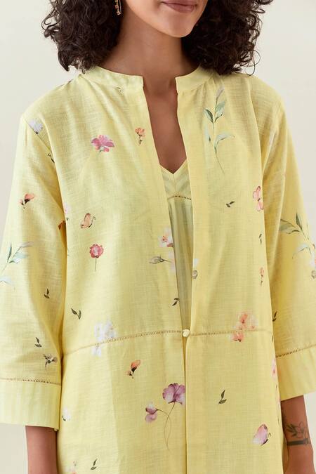 Buy Anantaa By Roohi Yellow Cotton Embroidery V-neck Printed Jacket Pant Set Buy_Anantaa By Roohi_Yellow Cotton Embroidery V-neck Printed Jacket Pant Set