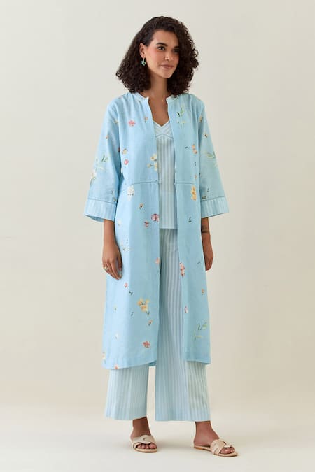 Buy Anantaa By Roohi Blue Cotton Embroidery Bandeau Neck, Botanical Work Jacket Pant Set at Aza Fashions Buy_Anantaa By Roohi_Blue Cotton Embroidery Bandeau Neck, Botanical Work Jacket Pant Set _at_Aza_Fashions