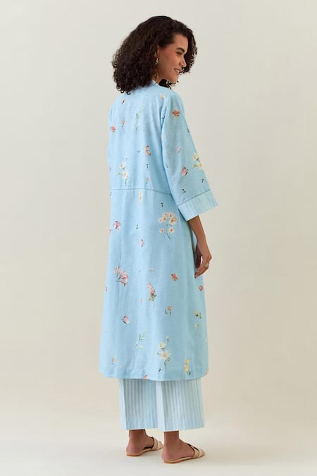 Shop Anantaa By Roohi Blue Cotton Embroidery Bandeau Neck, Botanical Work Jacket Pant Set at Aza Fashions Shop_Anantaa By Roohi_Blue Cotton Embroidery Bandeau Neck, Botanical Work Jacket Pant Set _at_Aza_Fashions