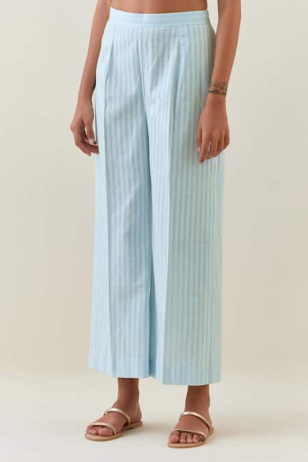 Anantaa By Roohi Blue Cotton Embroidery Bandeau Neck, Botanical Work Jacket Pant Set Online at Aza Fashions Anantaa By Roohi_Blue Cotton Embroidery Bandeau Neck, Botanical Work Jacket Pant Set _Online_at_Aza_Fashions