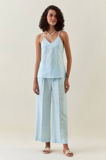 Buy Anantaa By Roohi Blue Cotton Embroidery Bandeau Neck, Botanical Work Jacket Pant Set Online at Aza Fashions Buy_Anantaa By Roohi_Blue Cotton Embroidery Bandeau Neck, Botanical Work Jacket Pant Set _Online_at_Aza_Fashions