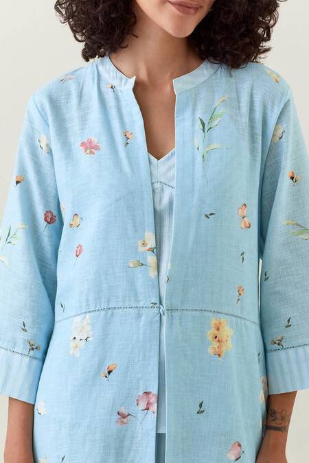 Anantaa By Roohi Blue Cotton Embroidery Bandeau Neck, Botanical Work Jacket Pant Set at Aza Fashions Anantaa By Roohi_Blue Cotton Embroidery Bandeau Neck, Botanical Work Jacket Pant Set _at_Aza_Fashions