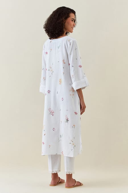 Shop Anantaa By Roohi White Cotton Embroidery, Lace Botanical Print Kurta And Striped Pant Set at Aza Fashions Shop_Anantaa By Roohi_White Cotton Embroidery, Lace Botanical Print Kurta And Striped Pant Set _at_Aza_Fashions