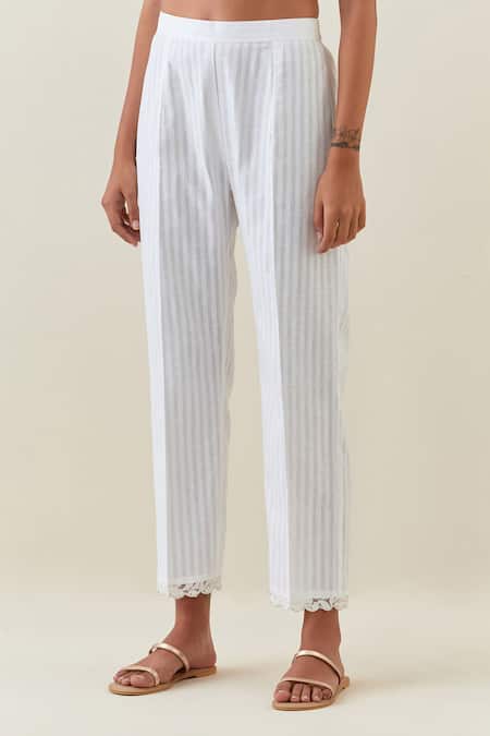 Anantaa By Roohi White Cotton Embroidery, Lace Botanical Print Kurta And Striped Pant Set Online at Aza Fashions Anantaa By Roohi_White Cotton Embroidery, Lace Botanical Print Kurta And Striped Pant Set _Online_at_Aza_Fashions