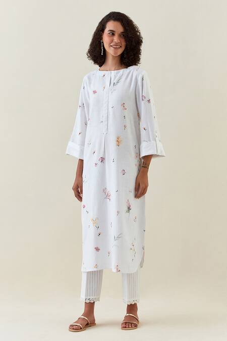 Buy Anantaa By Roohi White Cotton Embroidery, Lace Botanical Print Kurta And Striped Pant Set Online at Aza Fashions Buy_Anantaa By Roohi_White Cotton Embroidery, Lace Botanical Print Kurta And Striped Pant Set _Online_at_Aza_Fashions