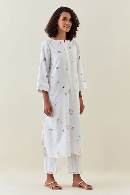Shop Anantaa By Roohi White Cotton Embroidery, Lace Botanical Print Kurta And Striped Pant Set Online at Aza Fashions Shop_Anantaa By Roohi_White Cotton Embroidery, Lace Botanical Print Kurta And Striped Pant Set _Online_at_Aza_Fashions