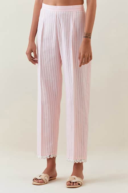 Anantaa By Roohi Pink Cotton, Linen Embroidery Botanical Pattern Kurta And Striped Pant Set Online at Aza Fashions Anantaa By Roohi_Pink Cotton, Linen Embroidery Botanical Pattern Kurta And Striped Pant Set _Online_at_Aza_Fashions