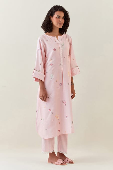 Buy Anantaa By Roohi Pink Cotton, Linen Embroidery Botanical Pattern Kurta And Striped Pant Set Online at Aza Fashions Buy_Anantaa By Roohi_Pink Cotton, Linen Embroidery Botanical Pattern Kurta And Striped Pant Set _Online_at_Aza_Fashions