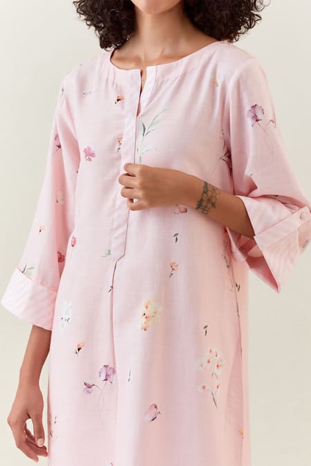 Anantaa By Roohi Pink Cotton, Linen Embroidery Botanical Pattern Kurta And Striped Pant Set at Aza Fashions Anantaa By Roohi_Pink Cotton, Linen Embroidery Botanical Pattern Kurta And Striped Pant Set _at_Aza_Fashions