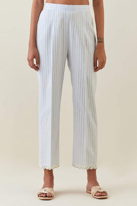 Anantaa By Roohi_Purple Cotton Embroidery Collared Printed Kurta And Striped Pant Set _Online_at_Aza_Fashions