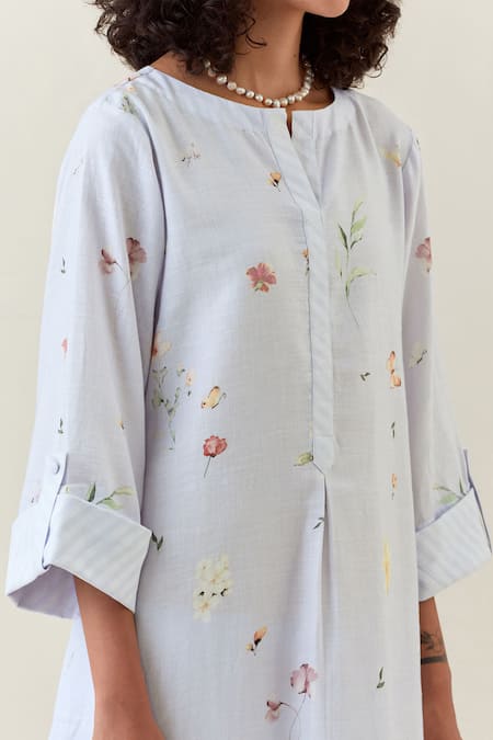 Anantaa By Roohi_Purple Cotton Embroidery Collared Printed Kurta And Striped Pant Set _at_Aza_Fashions