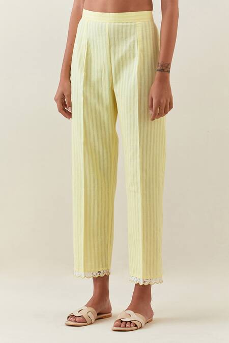 Anantaa By Roohi Yellow Cotton Embroidery, Lace Linen Kurta And Striped Pant Set Online at Aza Fashions Anantaa By Roohi_Yellow Cotton Embroidery, Lace Linen Kurta And Striped Pant Set _Online_at_Aza_Fashions