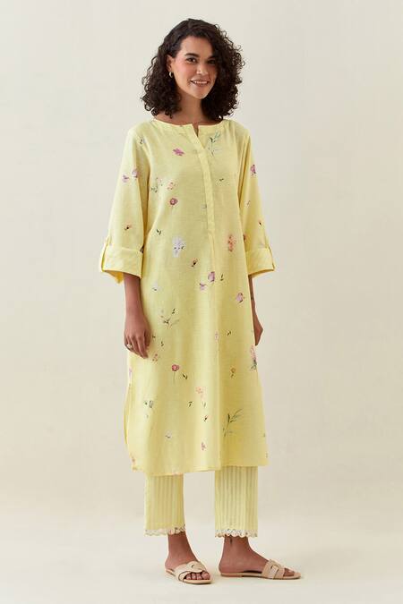Buy Anantaa By Roohi Yellow Cotton Embroidery, Lace Linen Kurta And Striped Pant Set Online at Aza Fashions Buy_Anantaa By Roohi_Yellow Cotton Embroidery, Lace Linen Kurta And Striped Pant Set _Online_at_Aza_Fashions