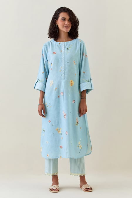 Anantaa by Roohi Printed Cotton Linen Kurta & Striped Pant Set 
