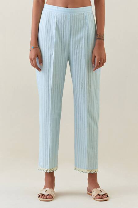 Anantaa By Roohi Blue Cotton, Linen Split V-neck Printed Kurta And Striped Pant Set Online at Aza Fashions Anantaa By Roohi_Blue Cotton, Linen Split V-neck Printed Kurta And Striped Pant Set _Online_at_Aza_Fashions