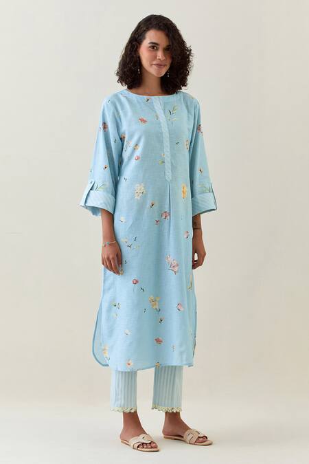 Shop Anantaa By Roohi Blue Cotton, Linen Split V-neck Printed Kurta And Striped Pant Set Online at Aza Fashions Shop_Anantaa By Roohi_Blue Cotton, Linen Split V-neck Printed Kurta And Striped Pant Set _Online_at_Aza_Fashions