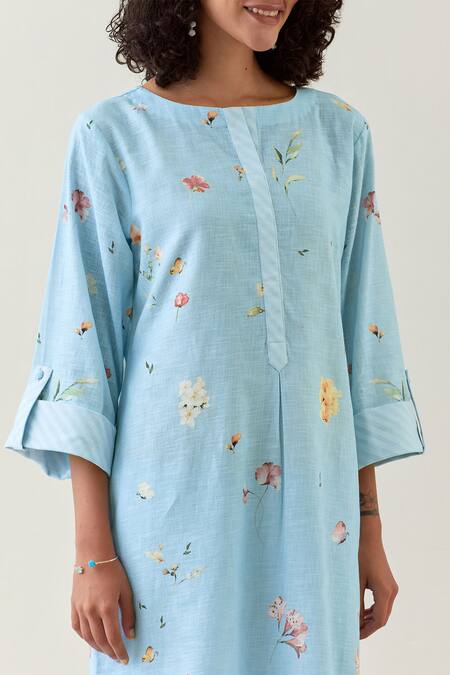 Anantaa By Roohi Blue Cotton, Linen Split V-neck Printed Kurta And Striped Pant Set at Aza Fashions Anantaa By Roohi_Blue Cotton, Linen Split V-neck Printed Kurta And Striped Pant Set _at_Aza_Fashions