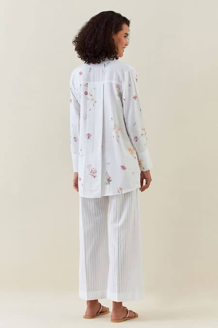 Shop Anantaa By Roohi White Cotton, Linen Embroidery Collared Botanical Print Shirt And Striped Pant Set at Aza Fashions Shop_Anantaa By Roohi_White Cotton, Linen Embroidery Collared Botanical Print Shirt And Striped Pant Set _at_Aza_Fashions