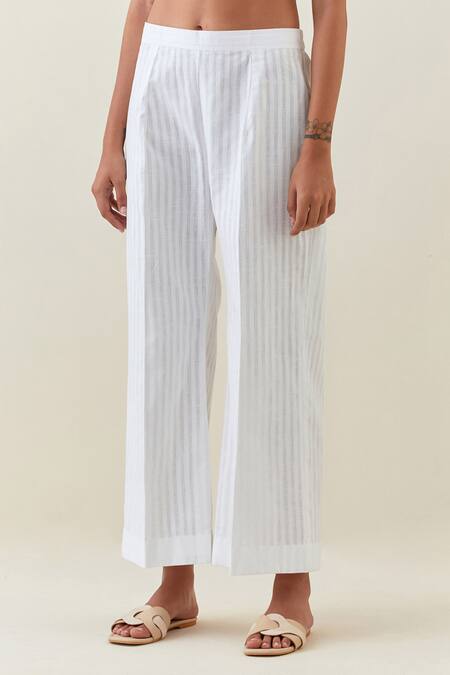 Anantaa By Roohi White Cotton, Linen Embroidery Collared Botanical Print Shirt And Striped Pant Set Online at Aza Fashions Anantaa By Roohi_White Cotton, Linen Embroidery Collared Botanical Print Shirt And Striped Pant Set _Online_at_Aza_Fashions