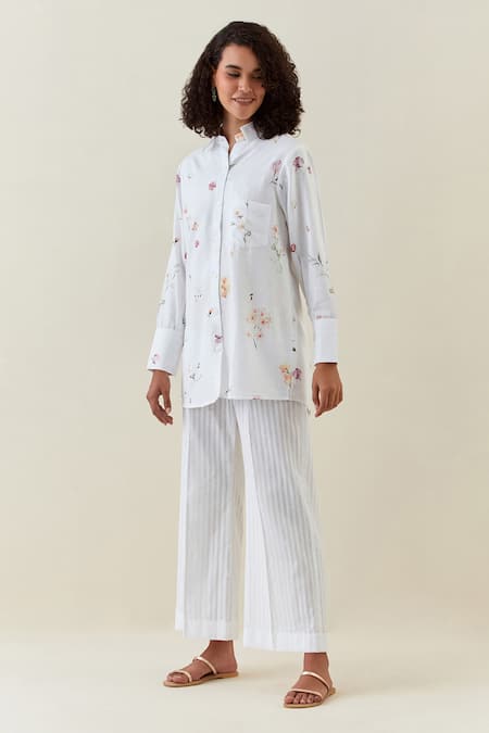 Buy Anantaa By Roohi White Cotton, Linen Embroidery Collared Botanical Print Shirt And Striped Pant Set Online at Aza Fashions Buy_Anantaa By Roohi_White Cotton, Linen Embroidery Collared Botanical Print Shirt And Striped Pant Set _Online_at_Aza_Fashions