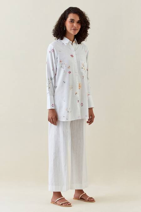Shop Anantaa By Roohi White Cotton, Linen Embroidery Collared Botanical Print Shirt And Striped Pant Set Online at Aza Fashions Shop_Anantaa By Roohi_White Cotton, Linen Embroidery Collared Botanical Print Shirt And Striped Pant Set _Online_at_Aza_Fashions