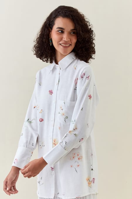 Anantaa By Roohi White Cotton, Linen Embroidery Collared Botanical Print Shirt And Striped Pant Set at Aza Fashions Anantaa By Roohi_White Cotton, Linen Embroidery Collared Botanical Print Shirt And Striped Pant Set _at_Aza_Fashions