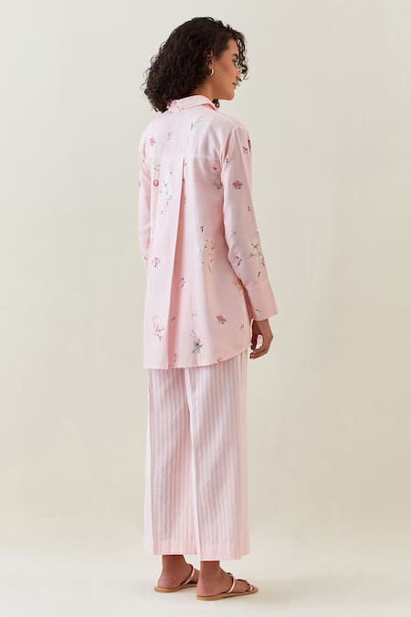 Shop Anantaa By Roohi Pink Cotton, Linen Embroidery Botanical Pattern Shirt And Striped Pant Set at Aza Fashions Shop_Anantaa By Roohi_Pink Cotton, Linen Embroidery Botanical Pattern Shirt And Striped Pant Set _at_Aza_Fashions