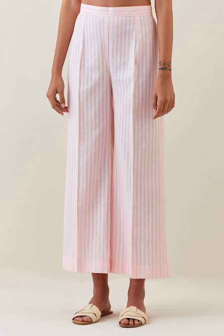 Anantaa By Roohi Pink Cotton, Linen Embroidery Botanical Pattern Shirt And Striped Pant Set Online at Aza Fashions Anantaa By Roohi_Pink Cotton, Linen Embroidery Botanical Pattern Shirt And Striped Pant Set _Online_at_Aza_Fashions