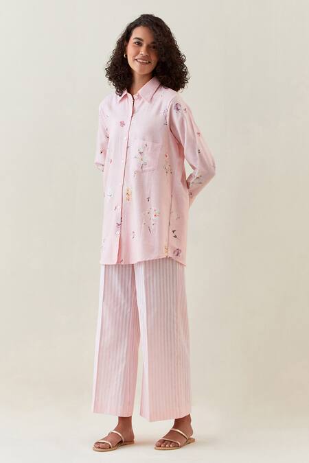 Buy Anantaa By Roohi Pink Cotton, Linen Embroidery Botanical Pattern Shirt And Striped Pant Set Online at Aza Fashions Buy_Anantaa By Roohi_Pink Cotton, Linen Embroidery Botanical Pattern Shirt And Striped Pant Set _Online_at_Aza_Fashions