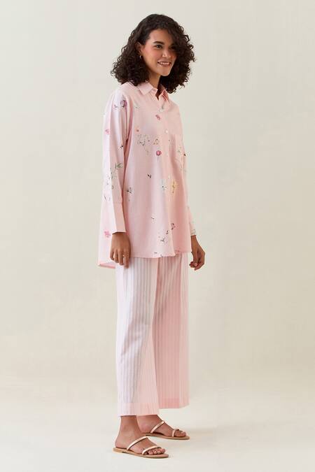 Shop Anantaa By Roohi Pink Cotton, Linen Embroidery Botanical Pattern Shirt And Striped Pant Set Online at Aza Fashions Shop_Anantaa By Roohi_Pink Cotton, Linen Embroidery Botanical Pattern Shirt And Striped Pant Set _Online_at_Aza_Fashions
