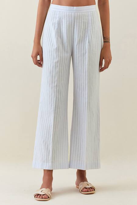 Anantaa By Roohi_Purple Cotton, Linen Embroidery Collared Printed Shirt And Striped Pant Set _Online_at_Aza_Fashions