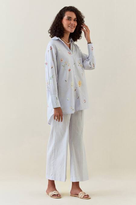 Shop_Anantaa By Roohi_Purple Cotton, Linen Embroidery Collared Printed Shirt And Striped Pant Set _Online_at_Aza_Fashions