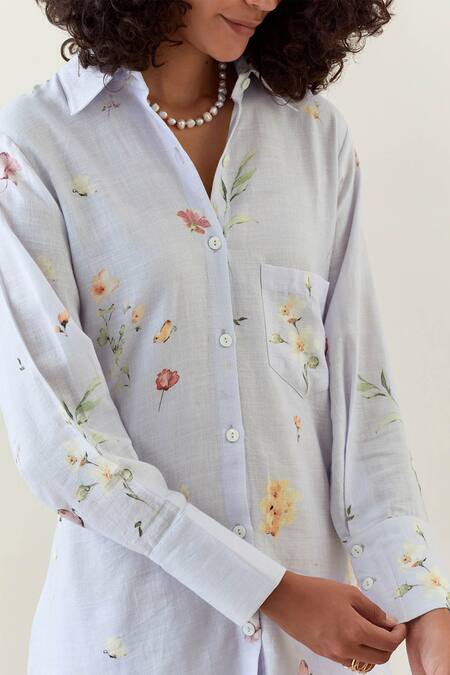 Anantaa By Roohi_Purple Cotton, Linen Embroidery Collared Printed Shirt And Striped Pant Set _at_Aza_Fashions