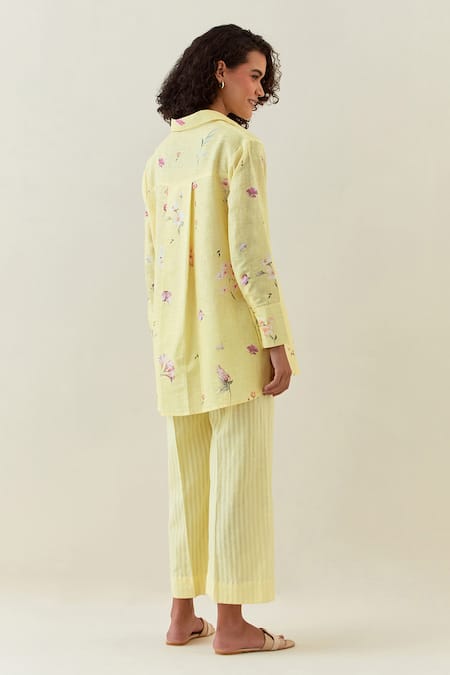 Shop Anantaa By Roohi Yellow Cotton, Linen Embroidery Collared Shirt And Striped Pant Set at Aza Fashions Shop_Anantaa By Roohi_Yellow Cotton, Linen Embroidery Collared Shirt And Striped Pant Set _at_Aza_Fashions