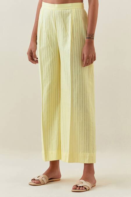 Anantaa By Roohi Yellow Cotton, Linen Embroidery Collared Shirt And Striped Pant Set Online at Aza Fashions Anantaa By Roohi_Yellow Cotton, Linen Embroidery Collared Shirt And Striped Pant Set _Online_at_Aza_Fashions