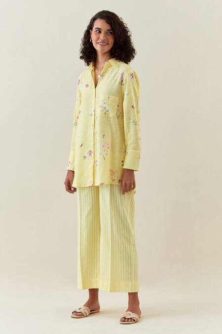 Shop Anantaa By Roohi Yellow Cotton, Linen Embroidery Collared Shirt And Striped Pant Set Online at Aza Fashions Shop_Anantaa By Roohi_Yellow Cotton, Linen Embroidery Collared Shirt And Striped Pant Set _Online_at_Aza_Fashions