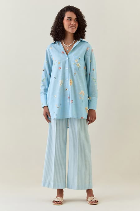 Anantaa by Roohi Printed Cotton Linen Shirt & Striped Pant Set 