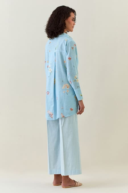 Shop Anantaa By Roohi Blue Cotton, Linen Embroidery Collared Printed Shirt And Striped Pant Set at Aza Fashions Shop_Anantaa By Roohi_Blue Cotton, Linen Embroidery Collared Printed Shirt And Striped Pant Set _at_Aza_Fashions