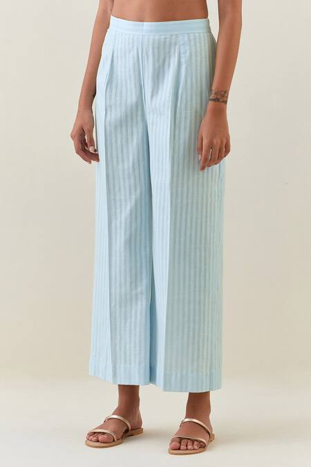 Anantaa By Roohi Blue Cotton, Linen Embroidery Collared Printed Shirt And Striped Pant Set Online at Aza Fashions Anantaa By Roohi_Blue Cotton, Linen Embroidery Collared Printed Shirt And Striped Pant Set _Online_at_Aza_Fashions