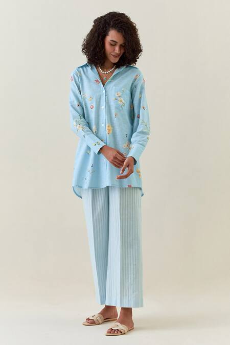 Buy Anantaa By Roohi Blue Cotton, Linen Embroidery Collared Printed Shirt And Striped Pant Set Online at Aza Fashions Buy_Anantaa By Roohi_Blue Cotton, Linen Embroidery Collared Printed Shirt And Striped Pant Set _Online_at_Aza_Fashions