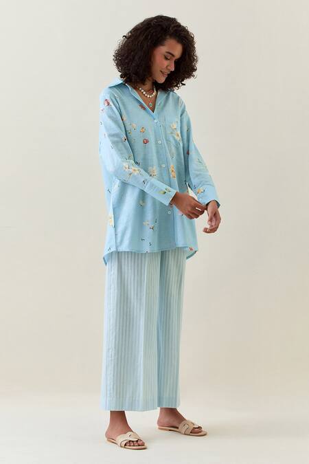 Shop Anantaa By Roohi Blue Cotton, Linen Embroidery Collared Printed Shirt And Striped Pant Set Online at Aza Fashions Shop_Anantaa By Roohi_Blue Cotton, Linen Embroidery Collared Printed Shirt And Striped Pant Set _Online_at_Aza_Fashions