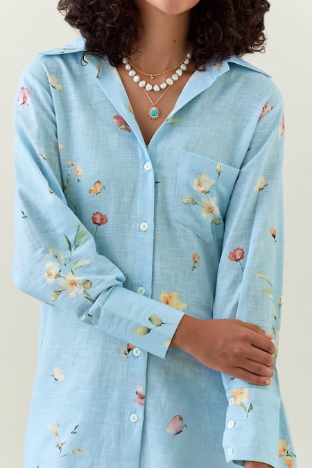 Anantaa By Roohi Blue Cotton, Linen Embroidery Collared Printed Shirt And Striped Pant Set at Aza Fashions Anantaa By Roohi_Blue Cotton, Linen Embroidery Collared Printed Shirt And Striped Pant Set _at_Aza_Fashions