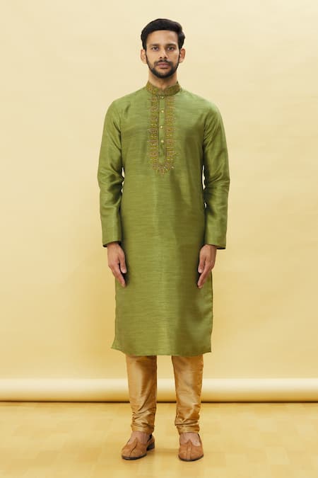 Buy Arihant Rai Sinha Green Silk Embroidery Collar Straight Kurta Churidar Set Online at Aza Fashions Buy_Arihant Rai Sinha_Green Silk Embroidery Collar Straight Kurta Churidar Set _Online_at_Aza_Fashions