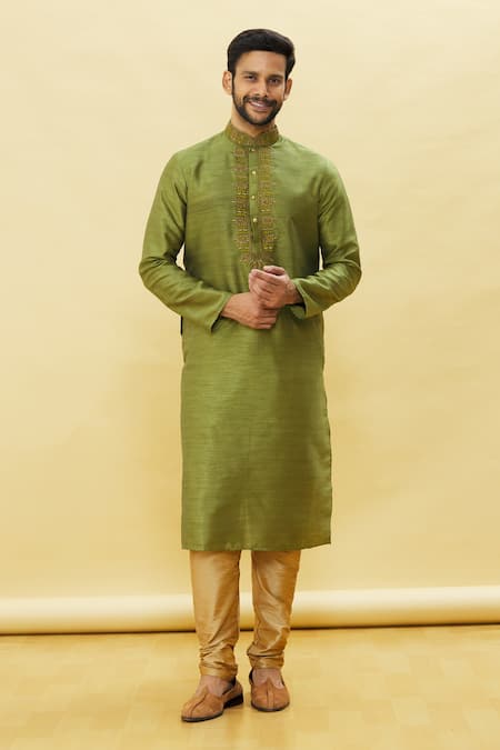 Shop Arihant Rai Sinha Green Silk Embroidery Collar Straight Kurta Churidar Set Online at Aza Fashions Shop_Arihant Rai Sinha_Green Silk Embroidery Collar Straight Kurta Churidar Set _Online_at_Aza_Fashions
