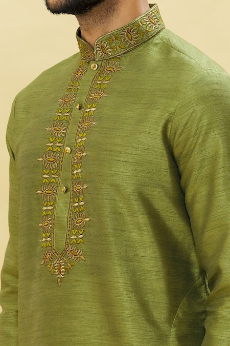 Arihant Rai Sinha Green Silk Embroidery Collar Straight Kurta Churidar Set at Aza Fashions Arihant Rai Sinha_Green Silk Embroidery Collar Straight Kurta Churidar Set _at_Aza_Fashions