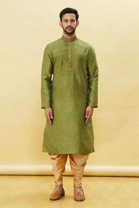 Buy_Arihant Rai Sinha_Green Silk Embroidery Floral Placket Kurta Patiala Set _Online_at_Aza_Fashions
